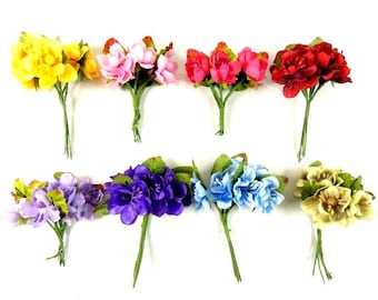 May include: Assortment of ten small artificial flower bunches in various colors, including yellow, pink, red, purple, blue, and cream. Each bunch has five to seven flowers with green stems.