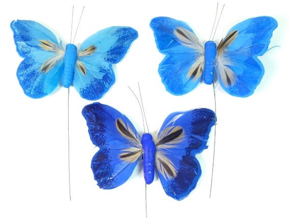 2 Big Blue Butterflies Feather Butterfly Artificial Butterfly Fake Butterfly  Embellishment Cake Topper Hairclip Nr 705 