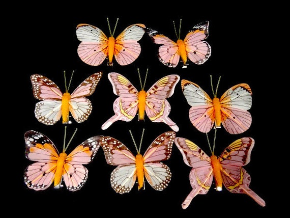 8 Pink Orange Butterflies Feather Butterflies Fake Butterflies Artificial  Butterflies Scrapbooking Embellishments Cake Topper 