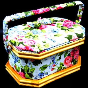 Vintage rojo blanco floral tela coser caja de madera caja de siembra coser almacenamiento craft almacenamiento caja de almacenamiento de madera