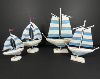 Gran barco de madera azul y blanco, barco pequeño, velero, decoración para tarta para boda, tema de boda de sirena, decoración para fiesta en el océano, decoración náutica para pastel Nr 3