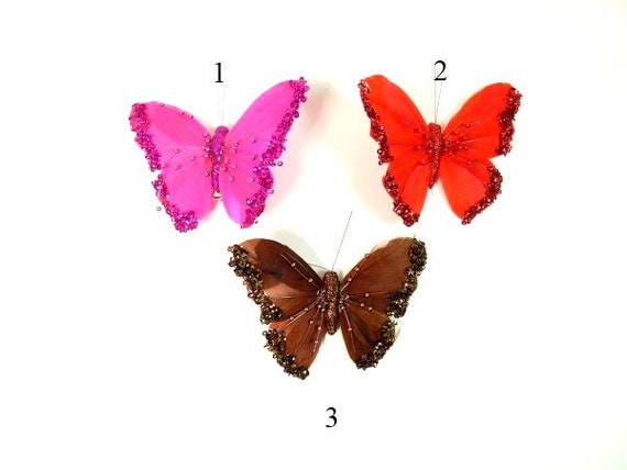 2 Pink Red or Brown Butterflies Fake Butterflies Artificial Butterflies  Feather Butterflies Butterfly Embellishments Cake Toppers 