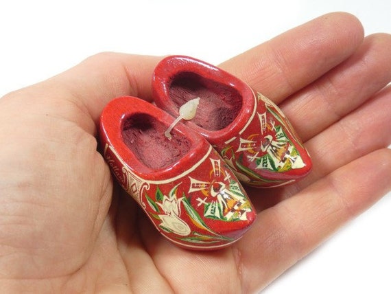 Vintage Hand Painted Red Mini Wooden Shoes 2 Inches Rustic Gnome