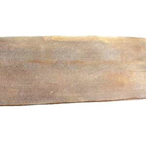 May include: A close-up of a light brown leather strip with a slightly rough texture.