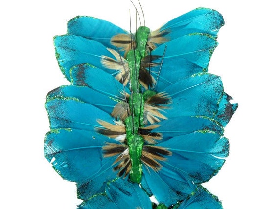 12 Dark Green Teal Glitter Butterflies Artificial Fake Butterfly