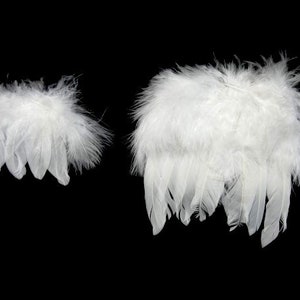 May include: Two pairs of white feather angel wings. The wings are made of soft, fluffy feathers and are perfect for adding a touch of whimsy to any costume or craft project.
