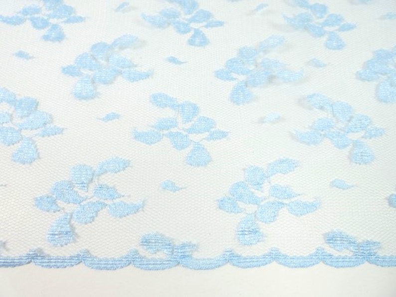 May include: Light blue lace fabric with a delicate floral pattern. The lace has a scalloped edge.