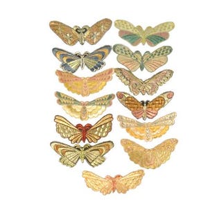 Puede incluir: Un conjunto de 12 parches de mariposa bordados en varios colores y patrones, incluyendo dorado, rosa, verde y azul. Las mariposas son de diferentes tamaños y formas, y serían perfectas para agregar un toque de fantasía a cualquier proyecto.