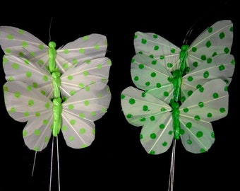 6 Green Polka dot Papillons Artificiel Fausse plume Papillons Fée Fleur Couronne Papillon Embellissements Gâteau Topper