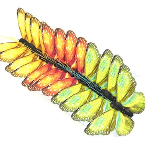 May include: A collection of yellow, orange, and green butterfly wings arranged in a fan shape. The wings are layered and overlap, creating a colorful and textured design.