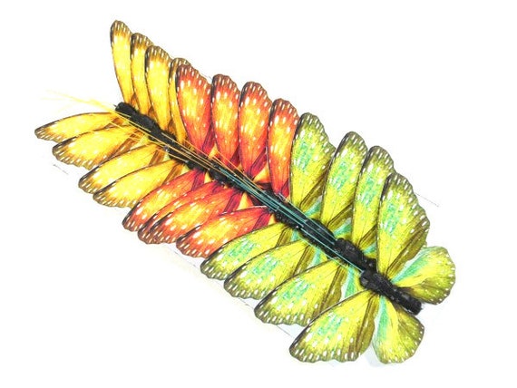 12 Fake Orange Yellow Green Butterflies Artificial Fabric Hat Embellishments Cake Topper Flower Arrangement Fairy Flower Crown