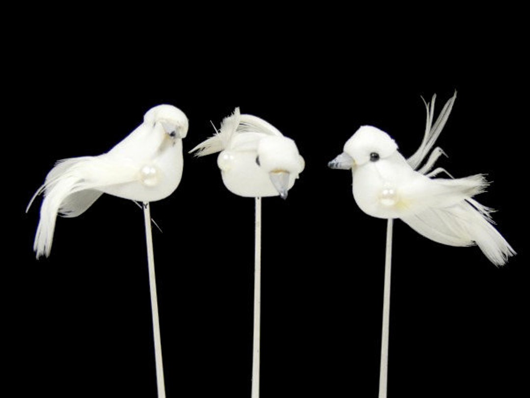 6 White Mini Mushroom Birds Fake Artificial Miniature Birds