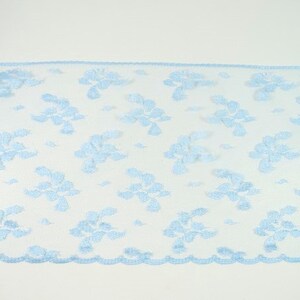 May include: Light blue lace trim with a delicate floral pattern. The lace has a scalloped edge.