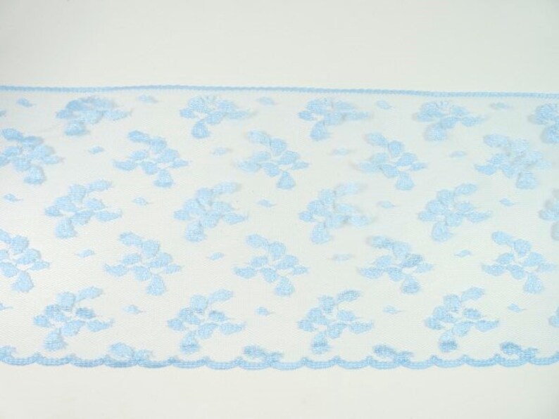May include: Light blue lace trim with a delicate floral pattern. The lace has a scalloped edge.