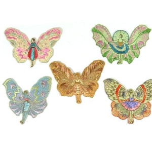 May include: Five embroidered butterfly patches in various colours. Each butterfly features a detailed design with a central figure. The wings showcase a range of colours including pink, gold, blue, and green, with intricate patterns.