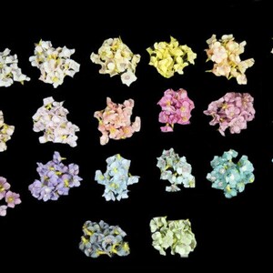 Può includere: Assortimento di 20 piccoli grappoli di fiori in vari colori, tra cui rosa, viola, blu e verde. I fiori sono fatti di tessuto e sono perfetti per progetti di artigianato.