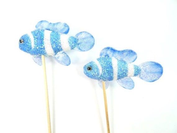 2 Blue Fish Cake Toppers Glitter Fish Cake Decorations Mermaid Etsy
