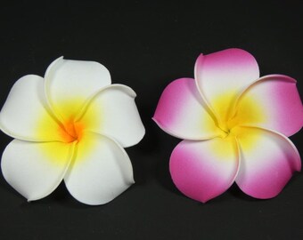 May include: Two artificial plumeria flowers, one white with a yellow center and one pink with a white center and yellow center.