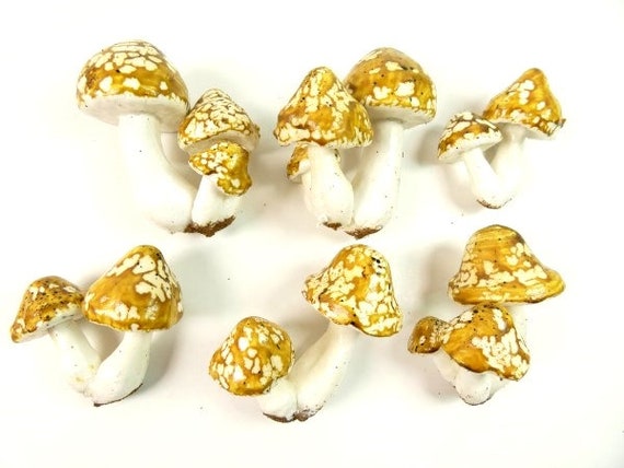 6 Yellow Brown Mushroom Artificial Fake Fairy Garden Mushrooms