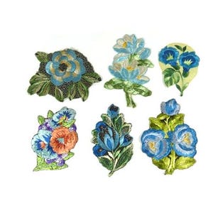 1 Aplique antiguo de seda azul con forma de flor, parche bordado, aplique antiguo de flor, 1935, n.° 2