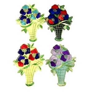 May include: Four embroidered iron-on patches featuring a bouquet of flowers in a basket. The flowers are in shades of blue, red, and purple. The baskets are in shades of yellow, green, and black.