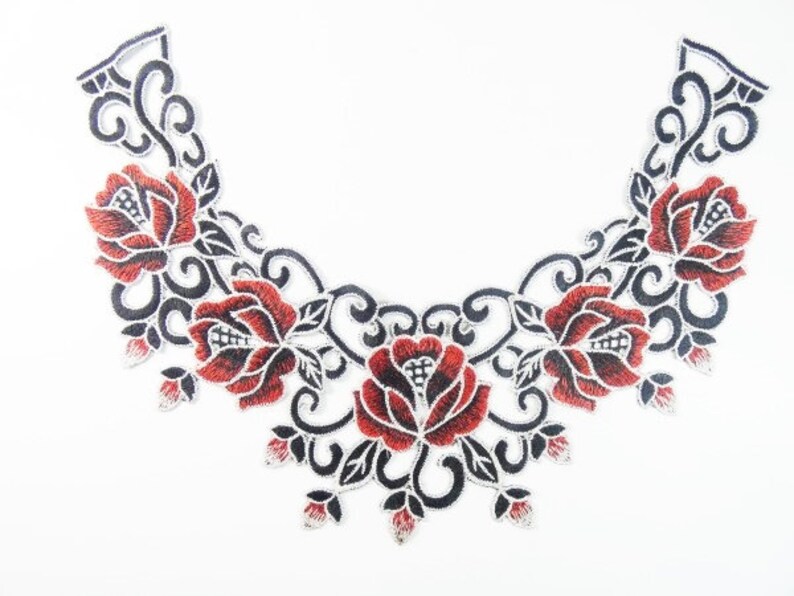 Red Roses Black Venice Lace Applique Floral Applique Wedding Etsy