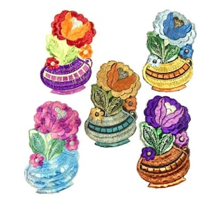 May include: Five embroidered iron-on patches featuring colourful flowers in vases. The vases are in various colours, including purple, yellow, blue, green, and orange.