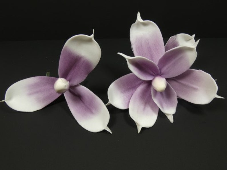 May include: Two artificial magnolia flowers with white petals and purple centers. The flowers are made of a soft, fabric-like material.