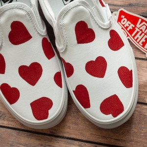 Red Heart Slip On Vans | Valentine's Vans | Hand Painted Vans