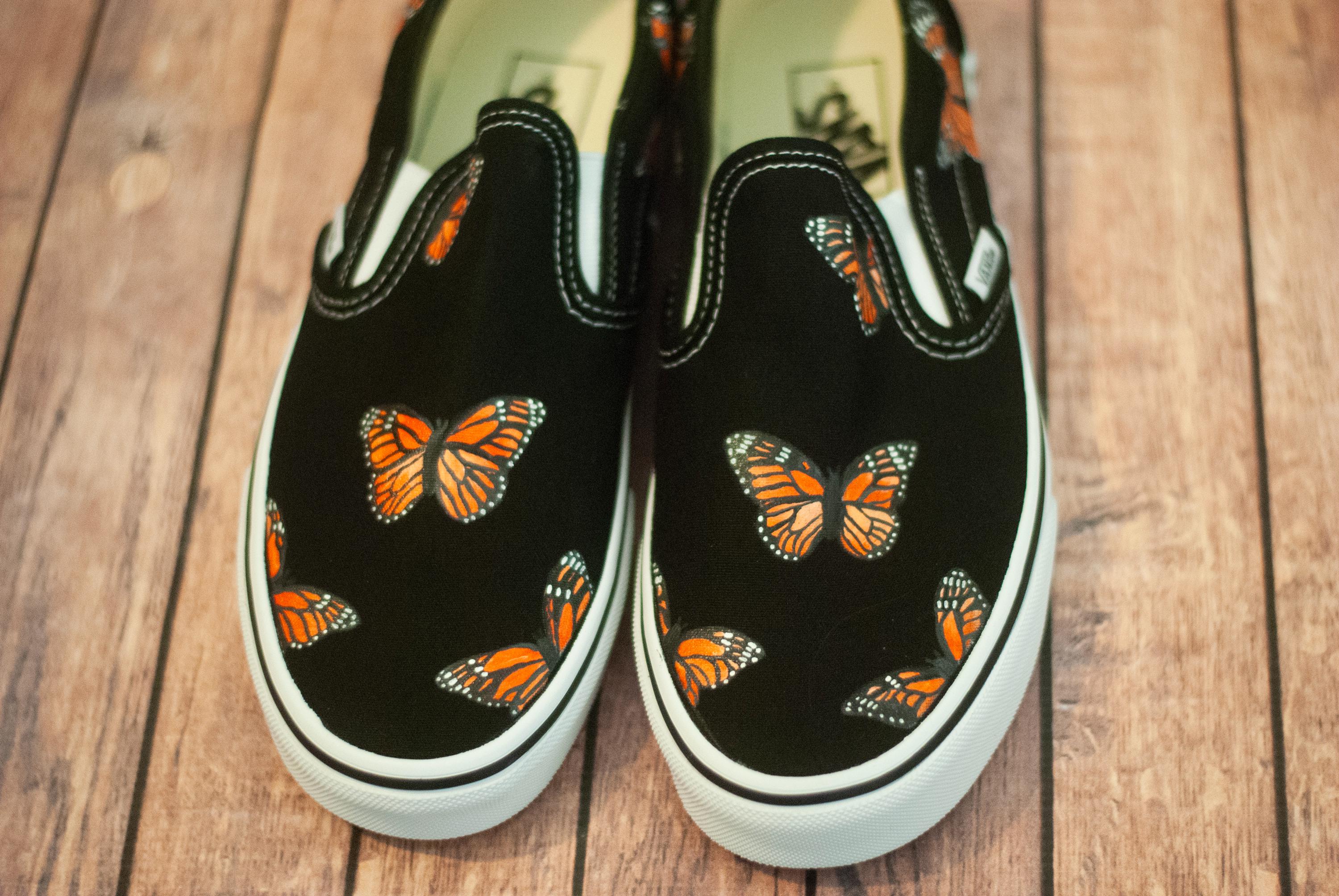 Monarch Butterfly Butterfly Painted Vans Butterfly Black Slip On
