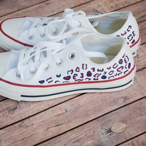 Red and Blue Cheetah Print Hand Painted Converse | Custom Low Top Cheetah Converse