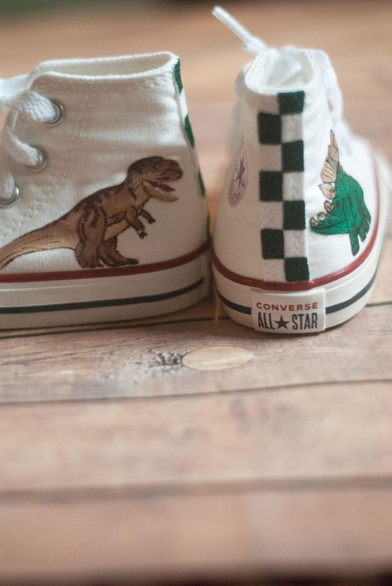 Checkered Dinosaur High Top Converse: Hand Painted Custom Shoes