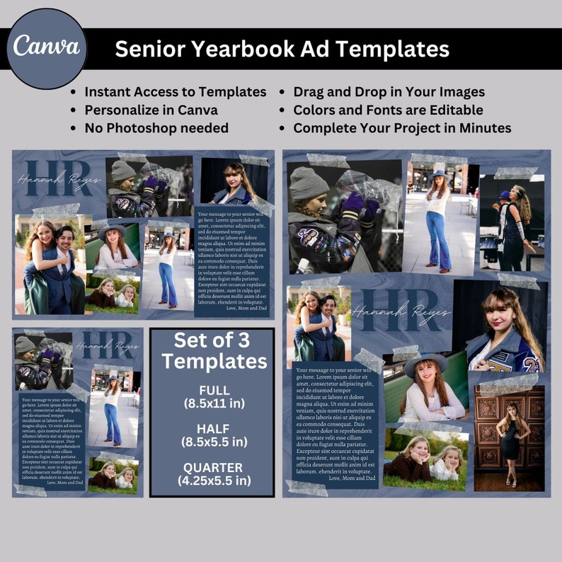 Template for Senior Yearbook or Program Ad Full, Half, and Quarter Page Sizes Included Blue With