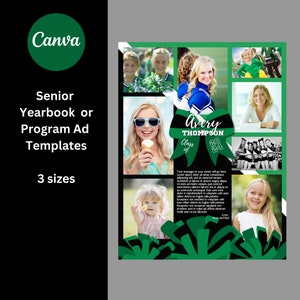 May include: A green and black senior yearbook or program ad template with a photo collage of a young woman. The template features a large green bow with the text "Avery Thompson Class of 2024".