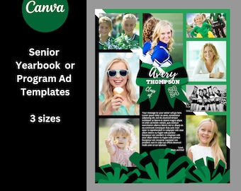 May include: A green and black senior yearbook or program ad template with a photo collage of a young woman. The template features a large green bow with the text "Avery Thompson Class of 2024".