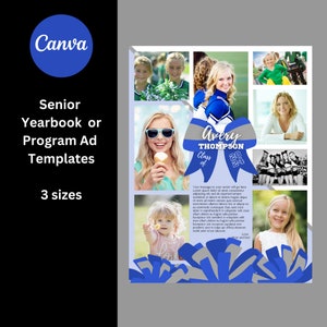 Template for Senior Yearbook or Program Ad - Full, Half, and Quarter Page - Cheerleader in Blues - Personalize in Canva