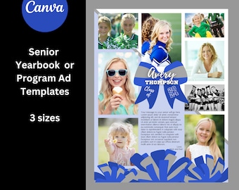 May include: A collage of photos with a blue and gray bow with the text "Avery Thompson Class of 2024". The photos show a young woman in a cheerleading uniform, a young woman with sunglasses, a young girl holding a flower, and a group of young women in cheerleading uniforms.