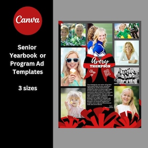 May include: A black and red yearbook or program ad template with a large red bow and the text "Avery Thompson Class of 2024". The ad features multiple photos of a young woman in various poses, including a photo of her holding an ice cream cone.