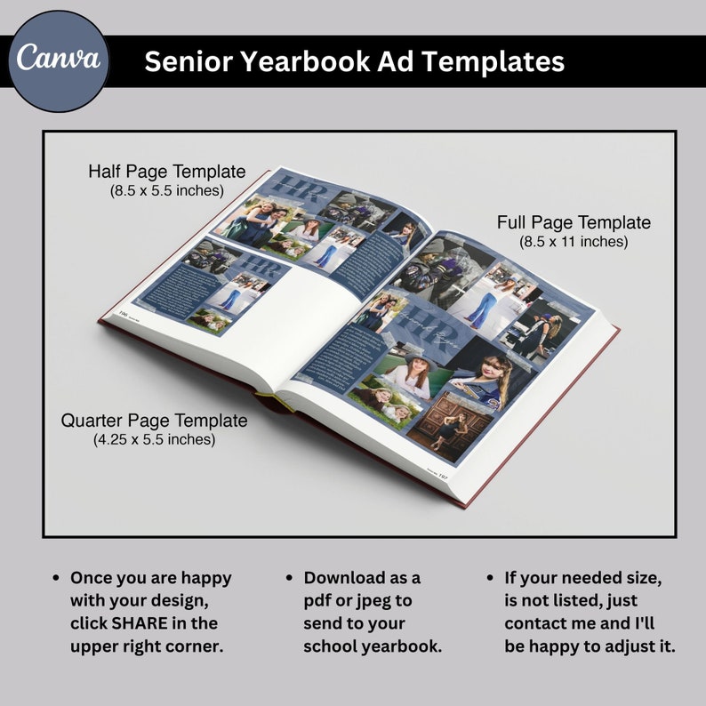 Template for Senior Yearbook or Program Ad Full, Half, and Quarter Page Sizes Included Blue With