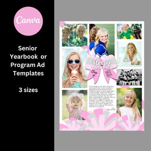 Template for Senior Yearbook or Program Ad - Full, Half, and Quarter Page - Cheerleader with Light Pink - Personalize in Canva