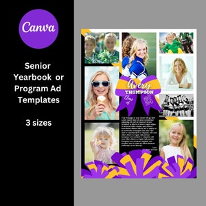 May include: A purple and yellow cheerleading themed senior yearbook or program ad template with a photo collage and the text "Avery Thompson Class of 2024".