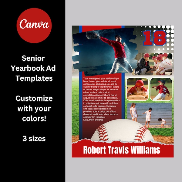 Template for Senior Yearbook or Program Ad - Full, Half, and Quarter Page - Baseball - Personalize in Canva - All colors customizable