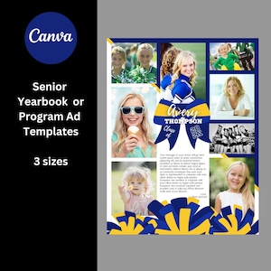 Template for Senior Yearbook or Program Ad - Full, Half, and Quarter Page - Cheerleader in Dark Blue & Gold - Personalize in Canva
