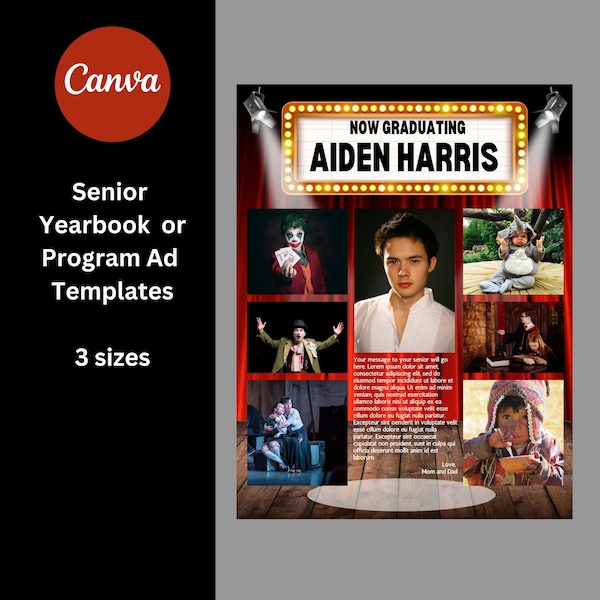 Template for Senior Yearbook or Program Ad - Full, Half, and Quarter Page - Theater, Drama Student - Personalize in Canva