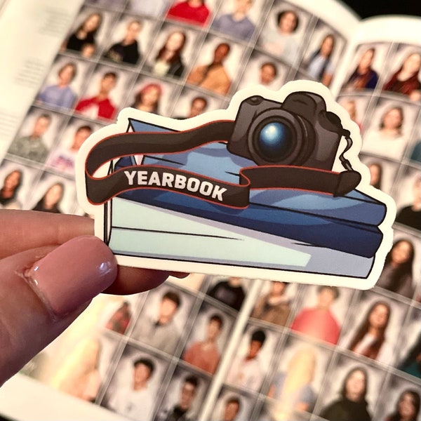 Yearbook Sticker - Camera on a stack of Yearbooks - 3 inches, high quality, matte vinyl.