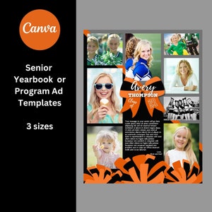 May include: A black and orange cheerleading bow with the text "Avery Thompson Class of 2024". The bow is surrounded by black and orange pom-poms. There are multiple photos of a young woman in the background.