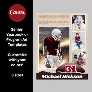 Template for Senior Yearbook or Program Ad - Full, Half, and Quarter Page - Football - Personalize in Canva - All colors customizable