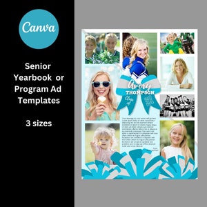 Template for Senior Yearbook or Program Ad - Full, Half, and Quarter Page - Cheerleader with Teal - Personalize in Canva