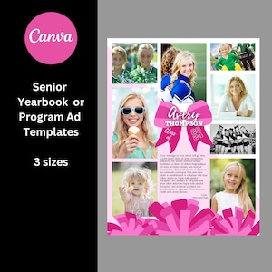 Template for Senior Yearbook or Program Ad - Full, Half, and Quarter Page - Cheerleader in Pinks - Personalize in Canva