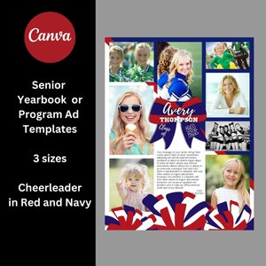 May include: A red, white, and blue cheerleader themed senior yearbook or program ad template with a photo collage and the text "Avery Thompson Class of 202X".